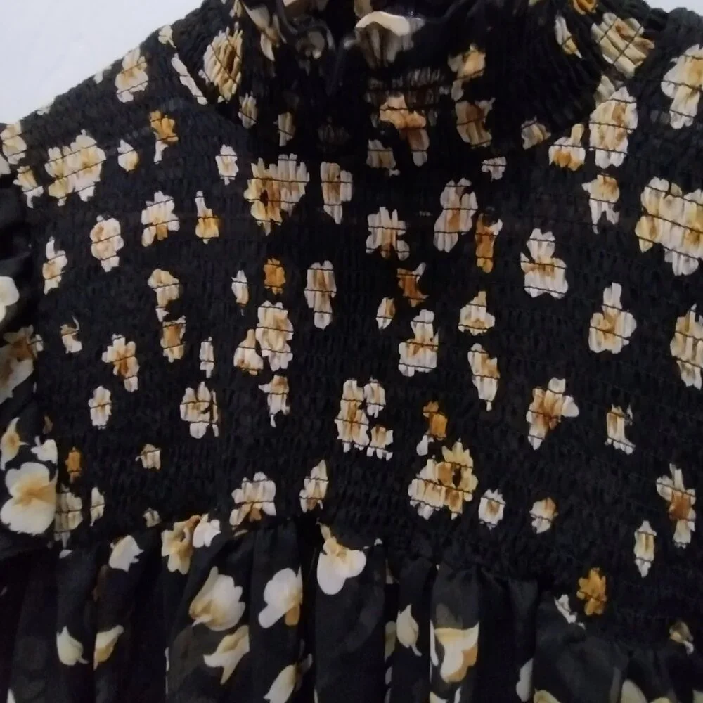 O.P.T. Floral Ruffle Neck Blouse Large Black Sheer Long Sleeve Romantic Top - Picture 4 of 15